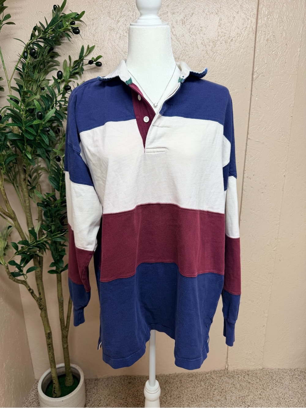 Long-Sleeve Striped Polo in Navy, Cream & Burgundy